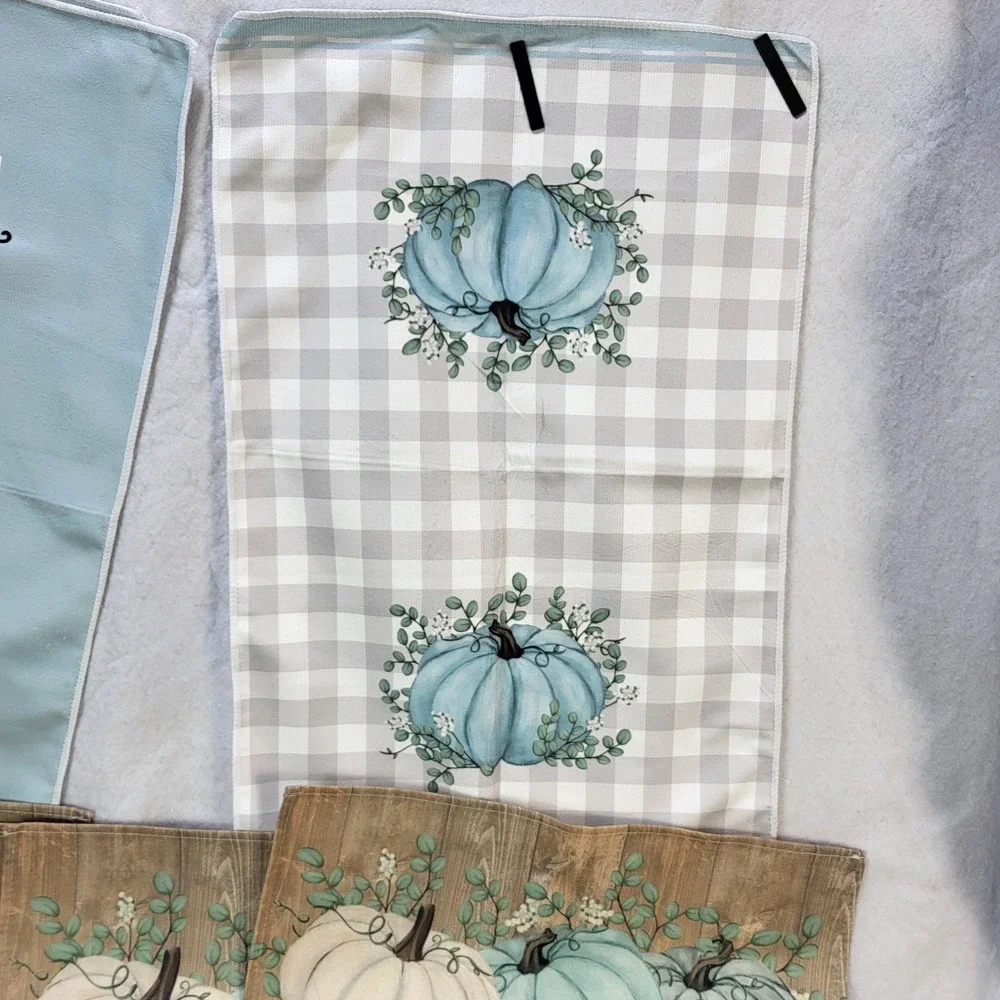 Pumpkin Kitchen Placemats Towel Set Table Runner Blue White Farmhouse Fall Decor